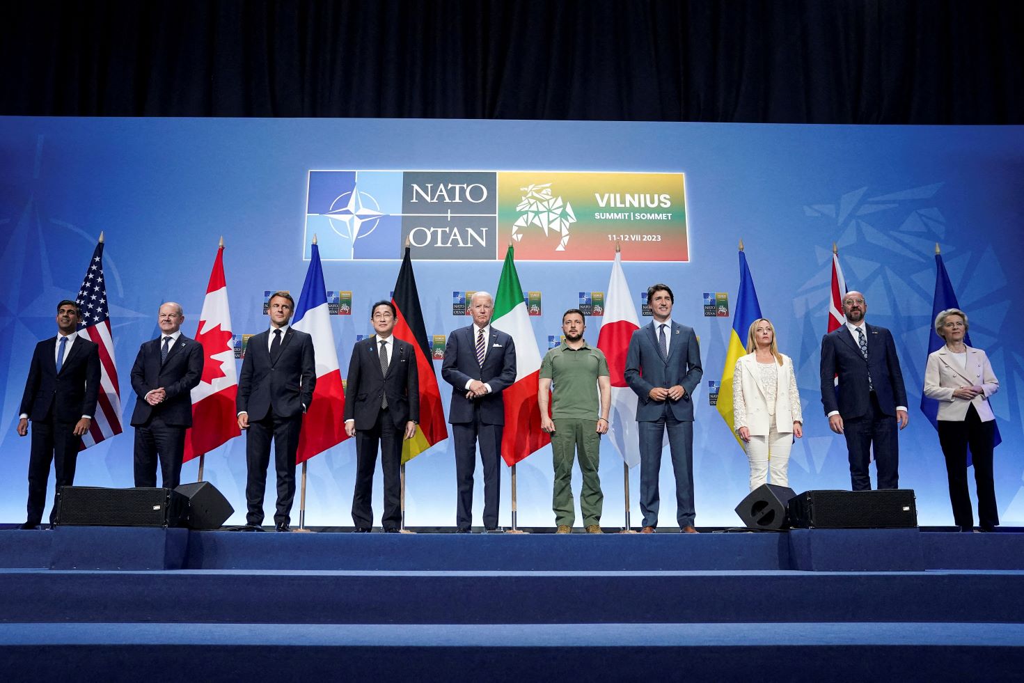 NATO leaders and invited guests pose for a family photo, as they attend an event with G7 leaders to announce a joint declaration of support for Ukraine, as the NATO summit is held in Vilnius, Lithuania on July 12, 2023. (Kevin Lamarque/Reuters)